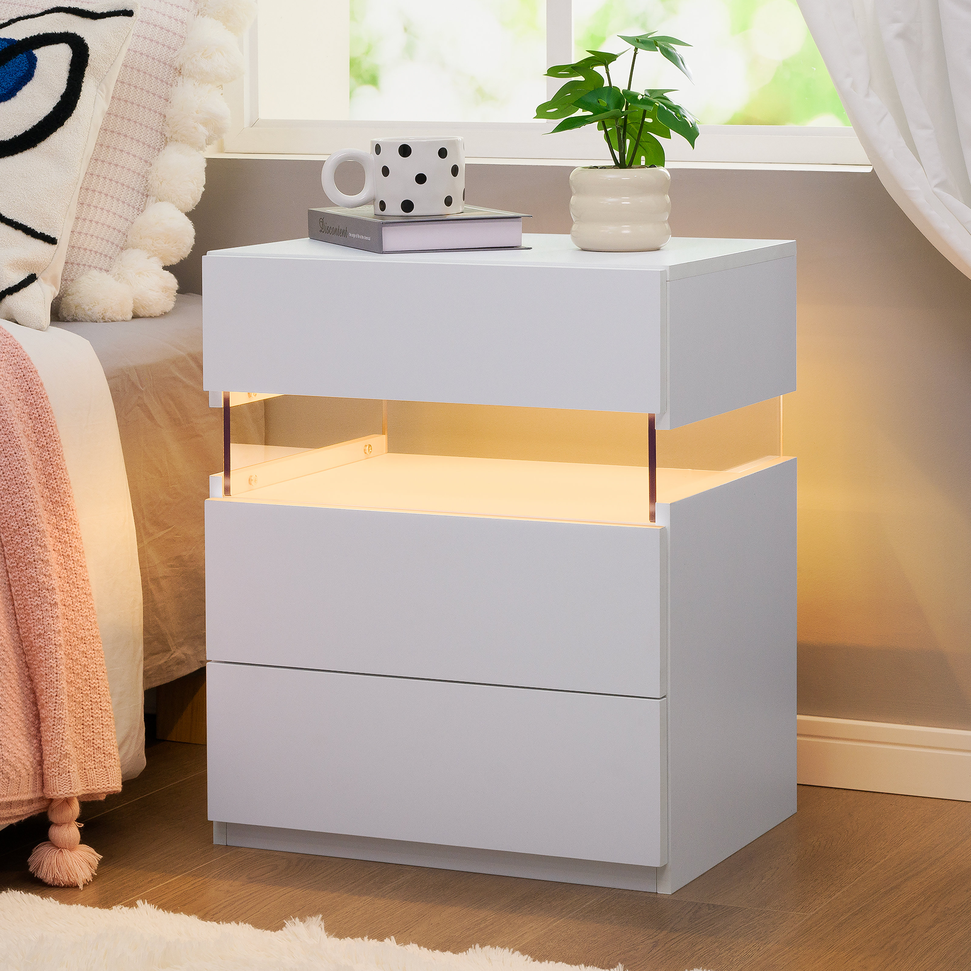 Jacleen LED Nightstands 3 Drawer Dresser End Table with Acrylic Board LED Beside Tables Ivy Bronx Color White Marble